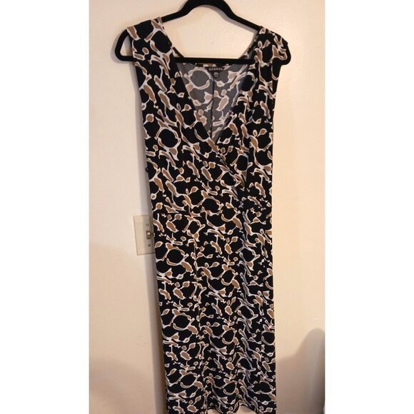 Vintage George Black, White, Tan Faux Wrap Midi Dress 4X 26W-28W Stretchy Slinky - Picture 3 of 9